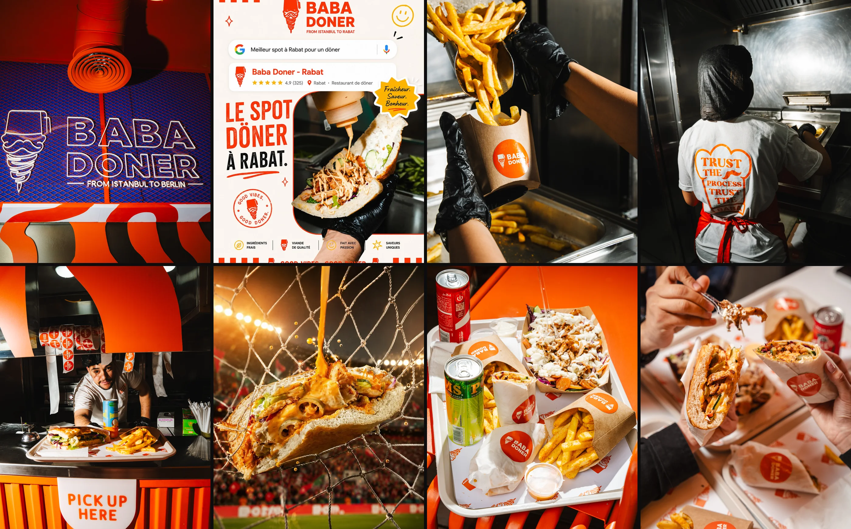 Grid of Baba Doner posts and production-day photographs: the neon logo, Le spot döner, fries, the kitchen, the pick-up counter, the World Cup doner, a full tray and a shared table