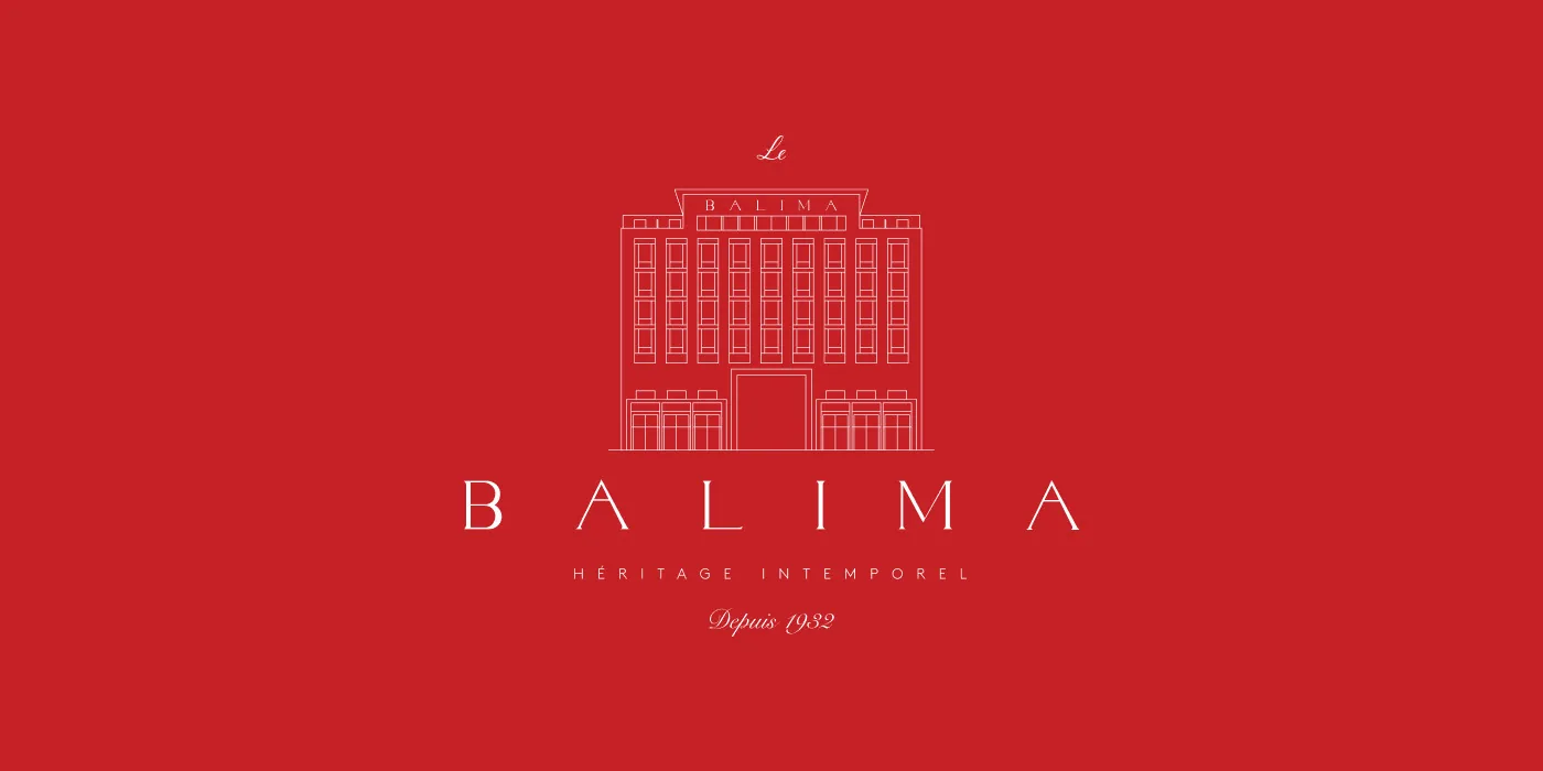 Le logotype Le Balima et l’illustration de la façade sur le rouge de la marque