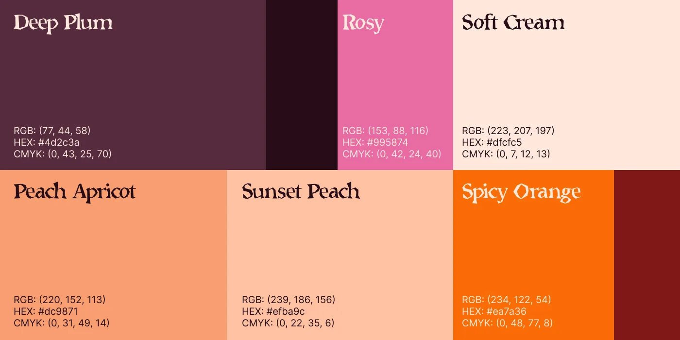 Colour system: deep plum, rosy, soft cream, peach apricot, sunset peach, spicy orange