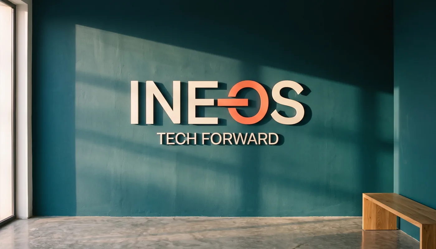 The INEOS logo in dimensional letters on a teal reception wall