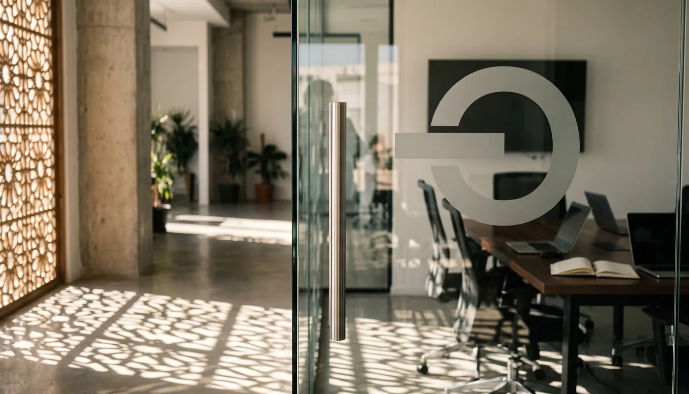 The symbol frosted on a meeting-room glass door