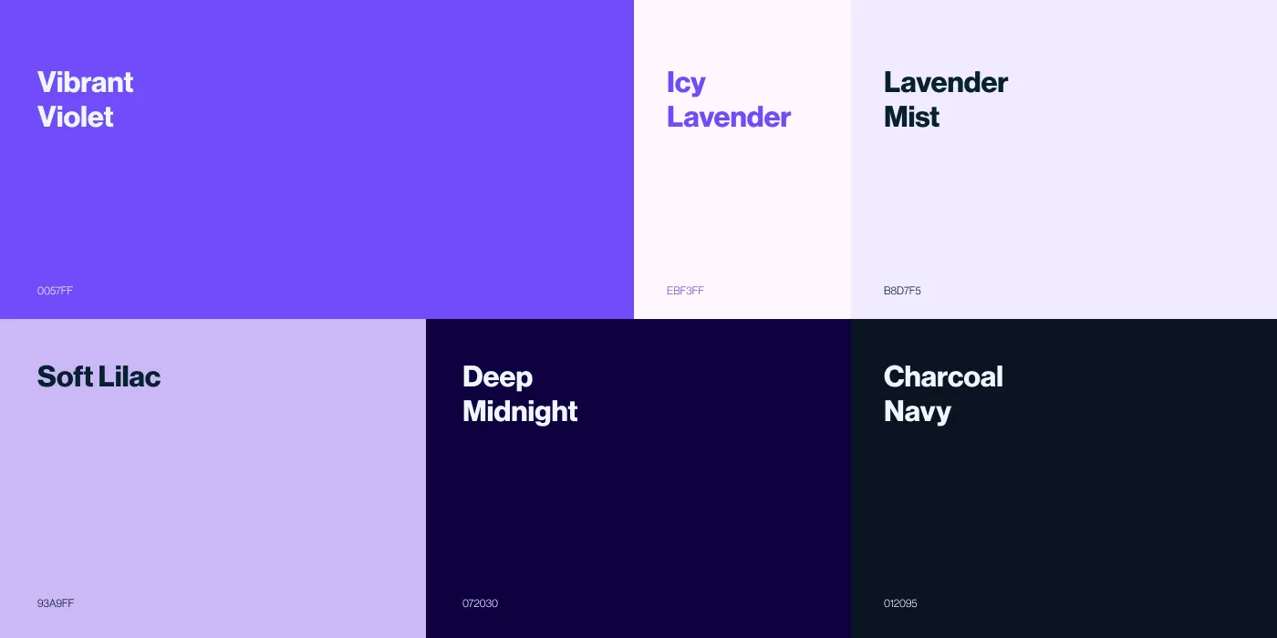 Colour system: vibrant violet, icy lavender, deep midnight