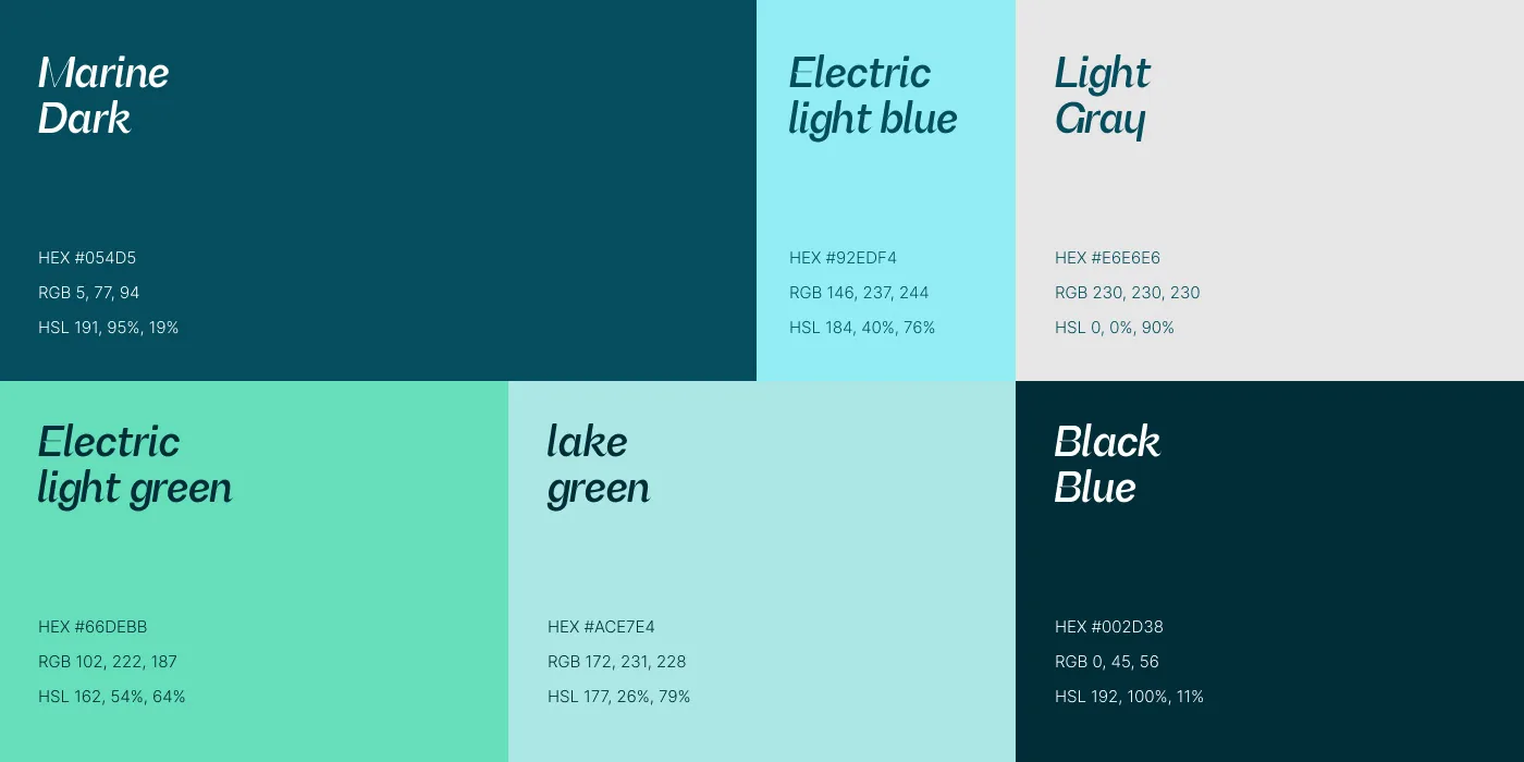Système de couleurs : marine sombre, bleu clair électrique, vert lac