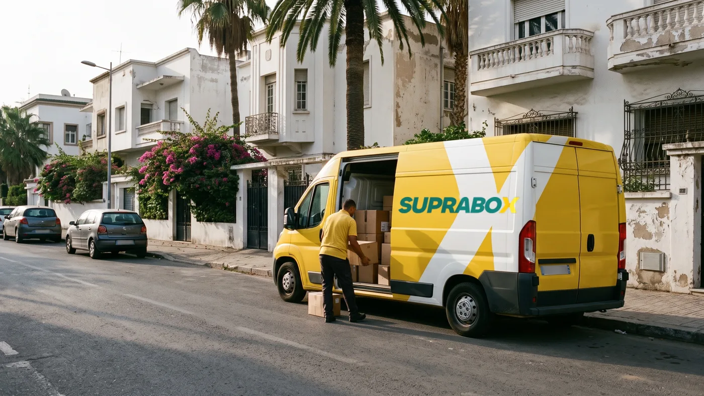 A SUPRABOX delivery van unloading parcels on a residential street in Casablanca