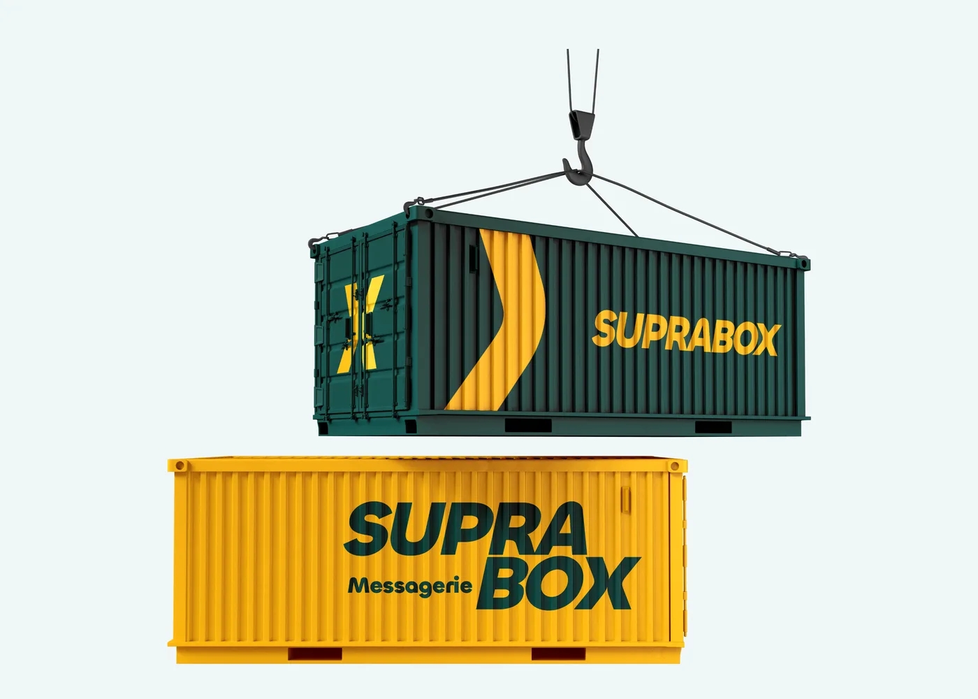 Shipping containers in deep teal and yellow