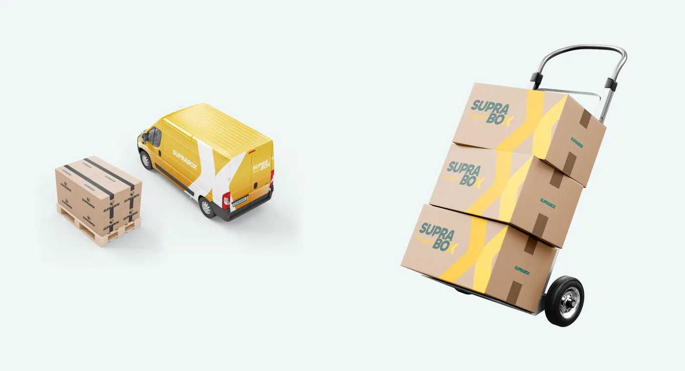A van with pallets, and a hand truck of taped parcels