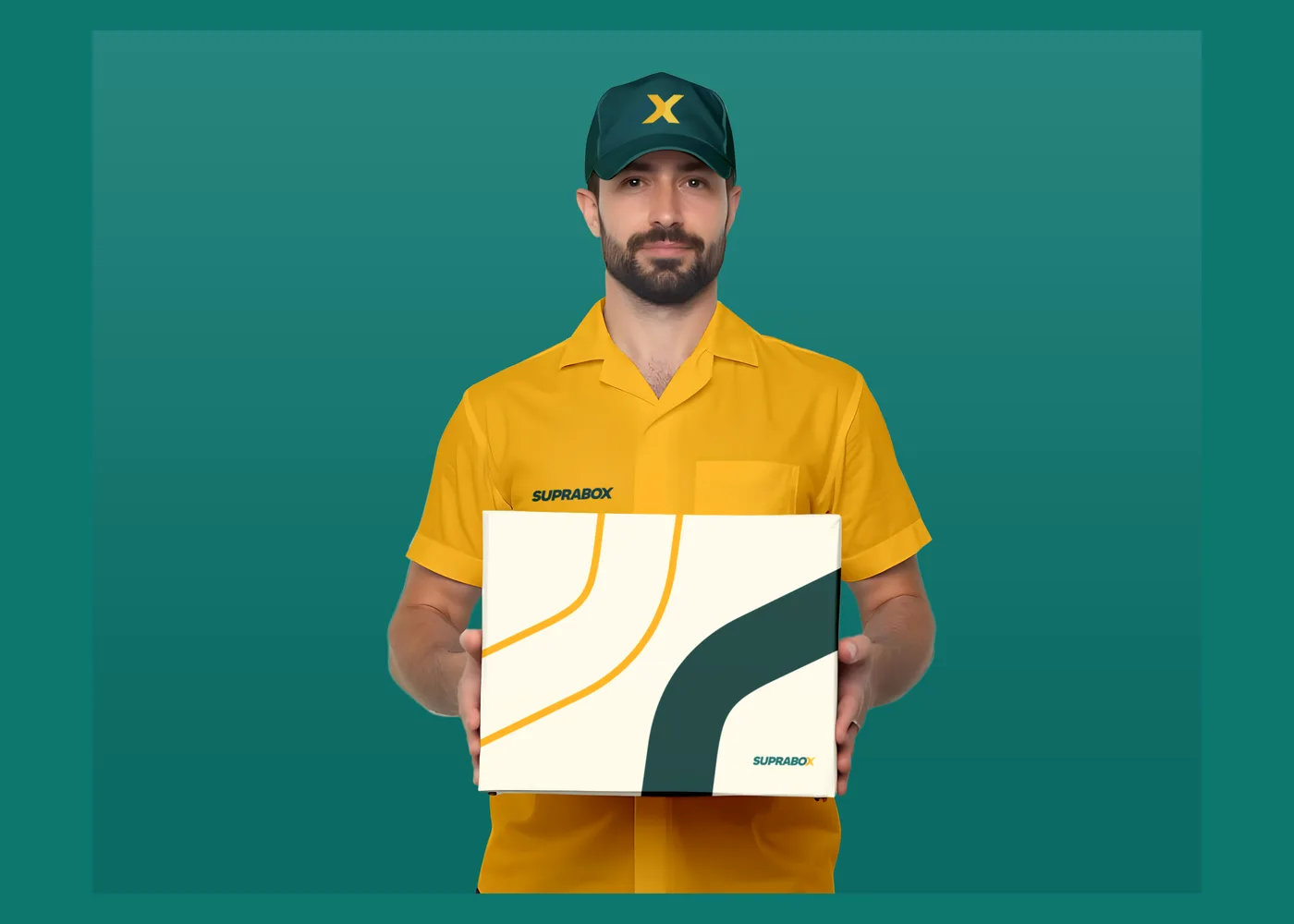 Courier uniform with a branded box