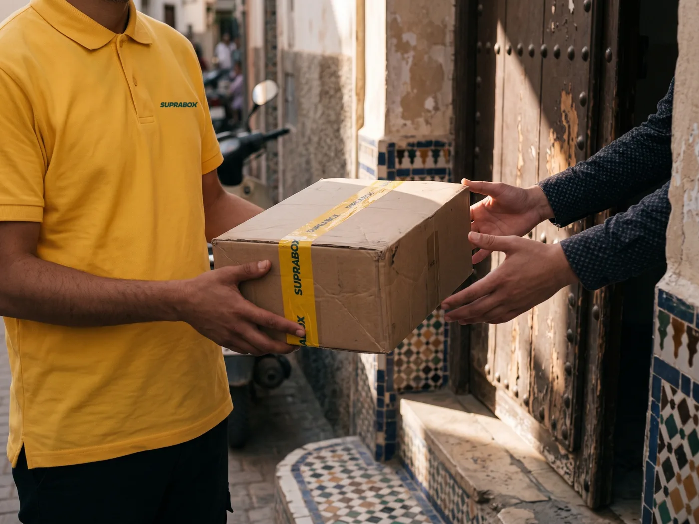 A courier hands over a taped parcel on a Rabat doorstep