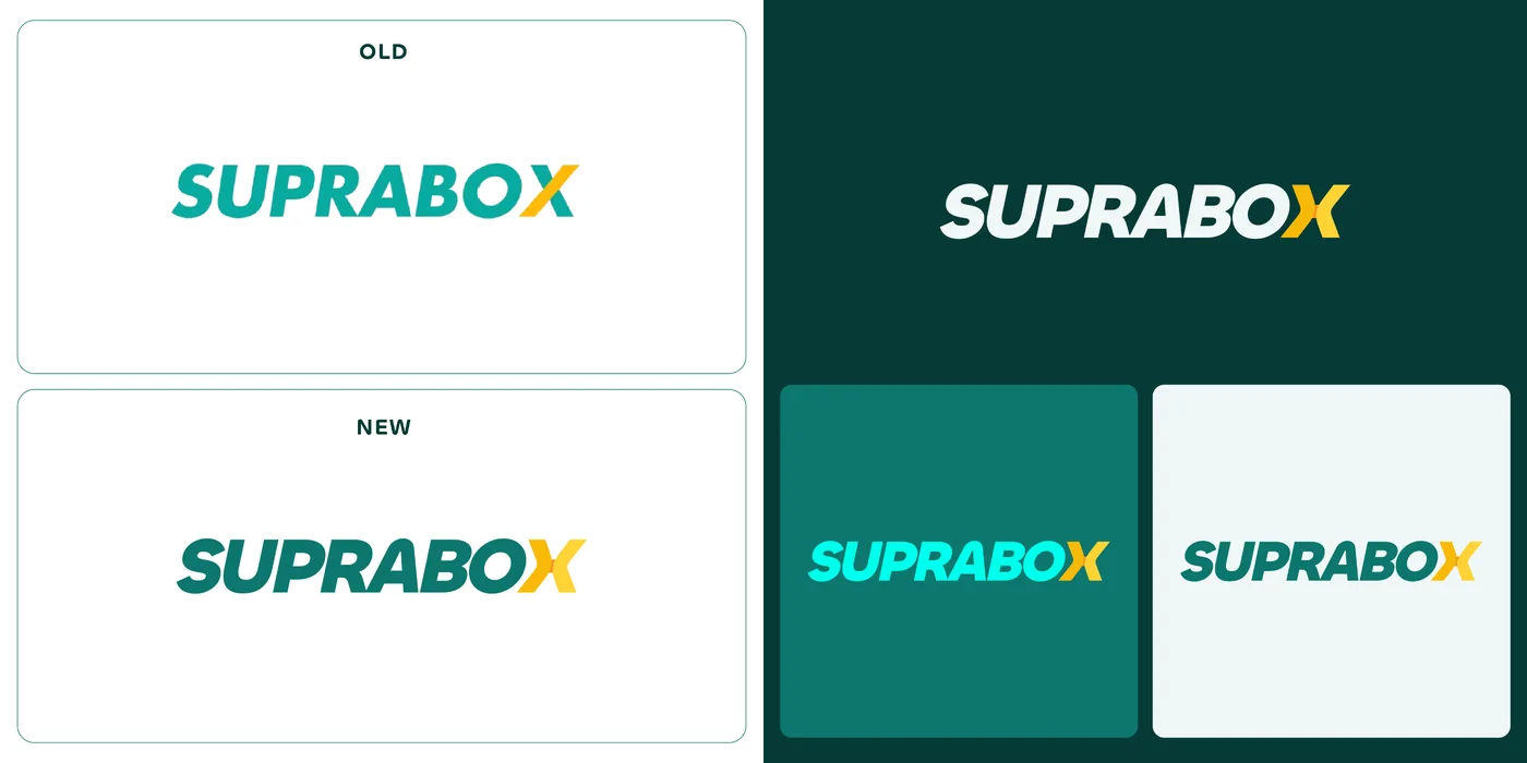 Old and new wordmarks, and the 2026 logo on deep, teal and white