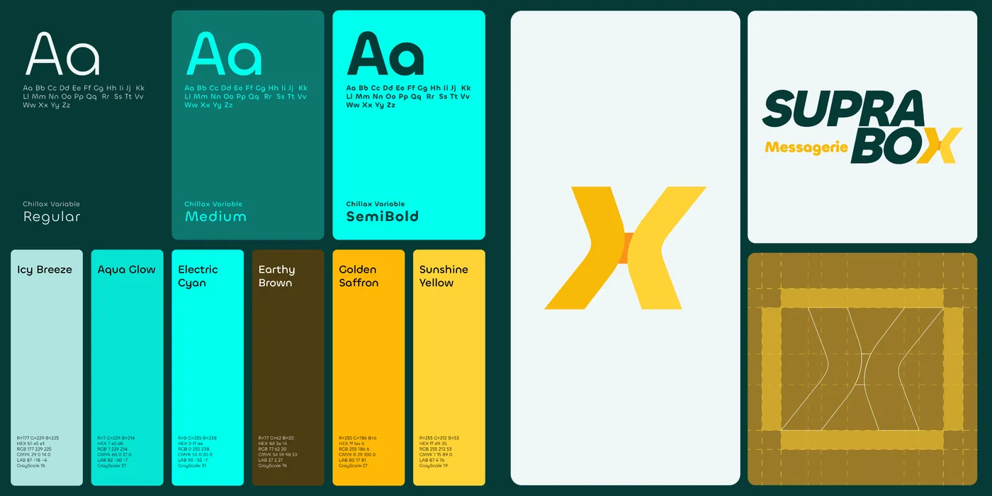 2026 type and palette, the X and the SUPRA BOX Messagerie lockup
