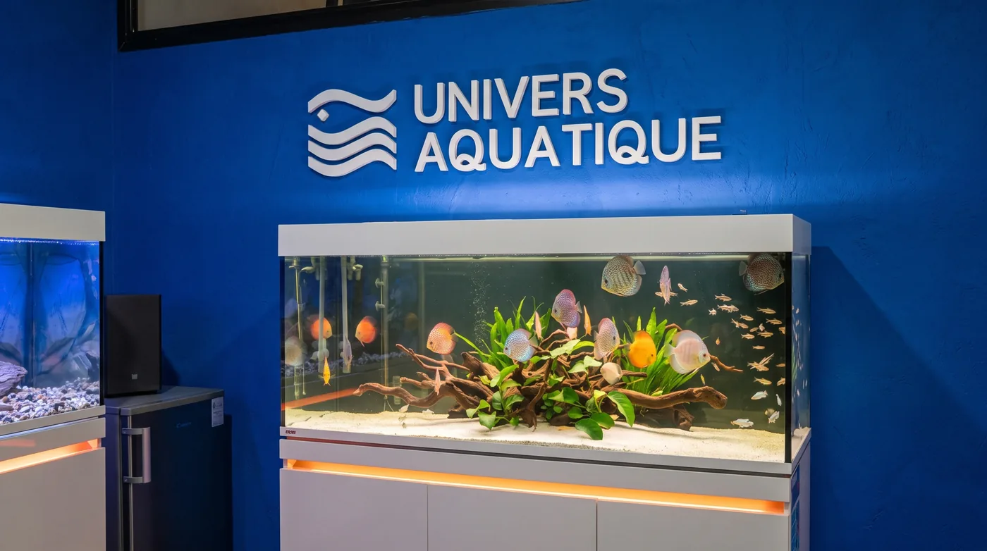 Le logo Univers Aquatique en lettres blanches en relief sur le mur bleu du showroom, au-dessus d’un aquarium planté