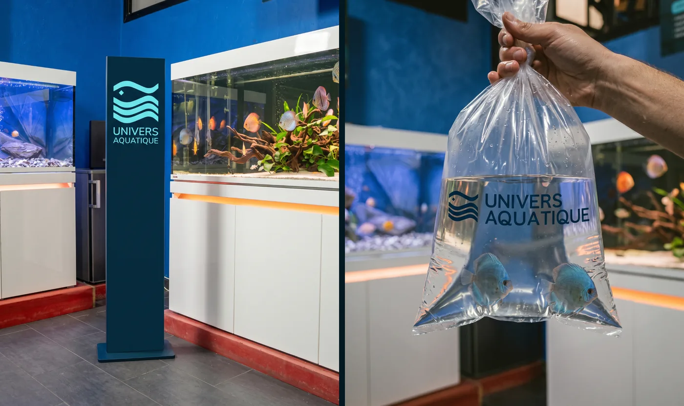 Un totem à l’entrée du showroom et un sac à poissons à la marque