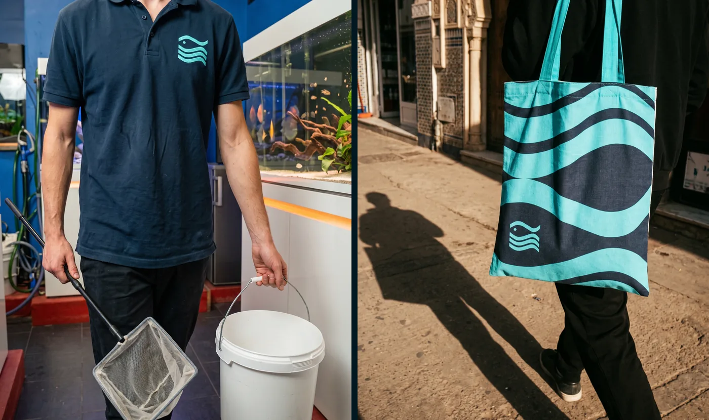 Le polo du technicien et le tote bag à motif de vagues dans la rue