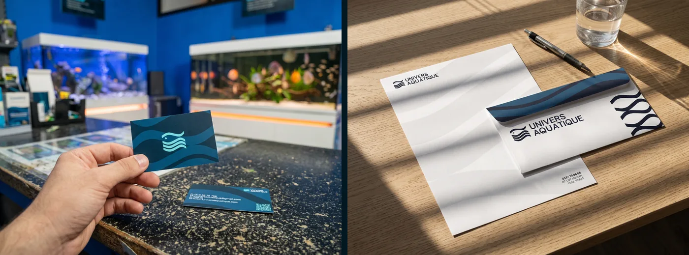 Une carte de visite tendue au comptoir, papier à en-tête et enveloppe sur un bureau