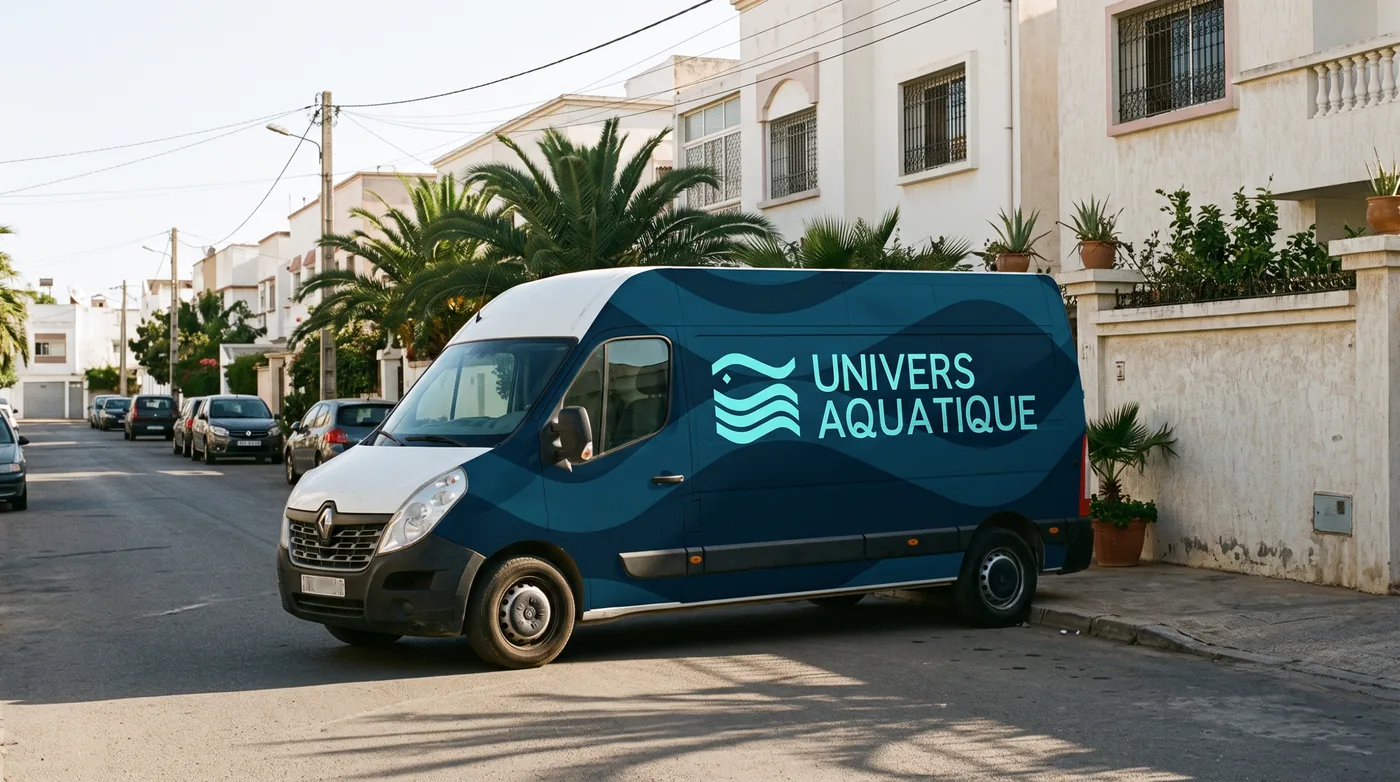 Une camionnette de livraison habillée du motif de vagues dans une rue de Rabat