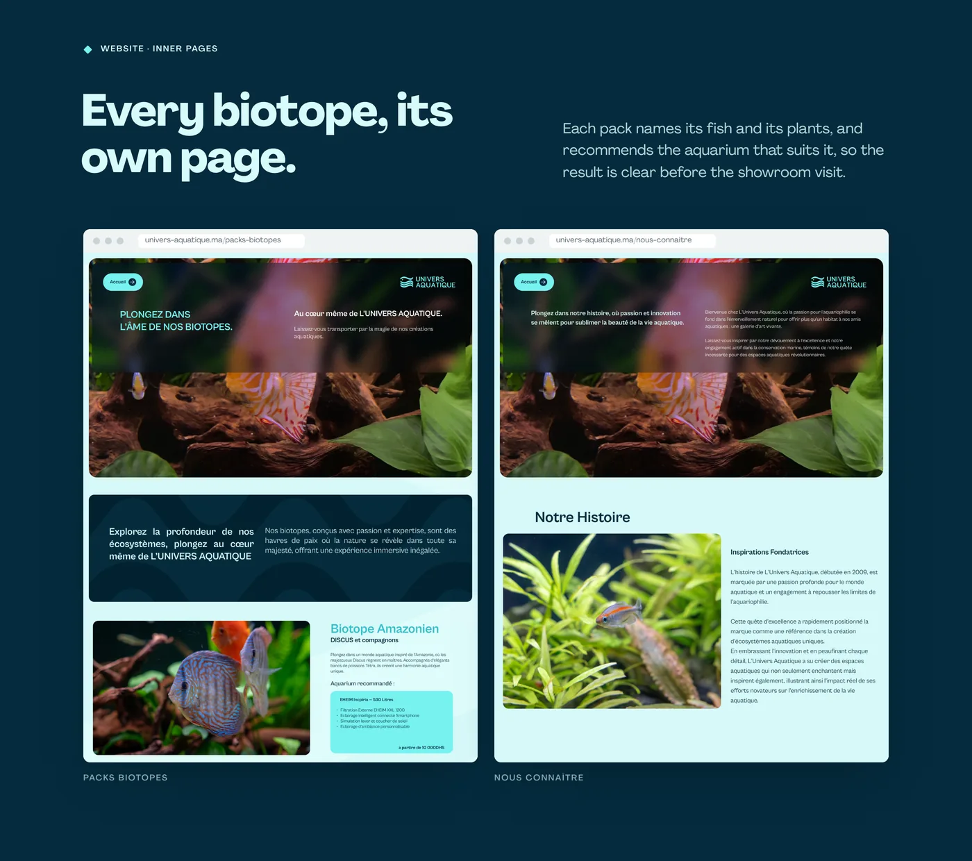 Site web : page des packs biotopes et page de l’histoire de la marque
