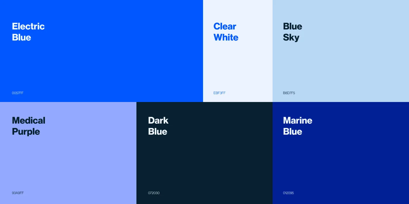 Colour system: electric blue, clear white, medical purple, marine blue