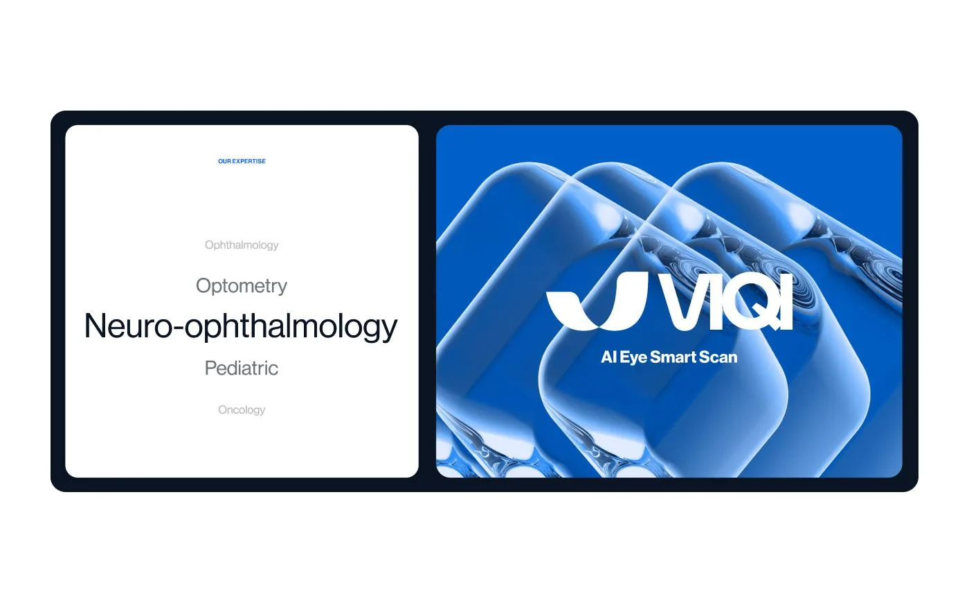 L’AI Eye Smart Scan de VIQI sur une tablette, à côté du menu des spécialités de l’application