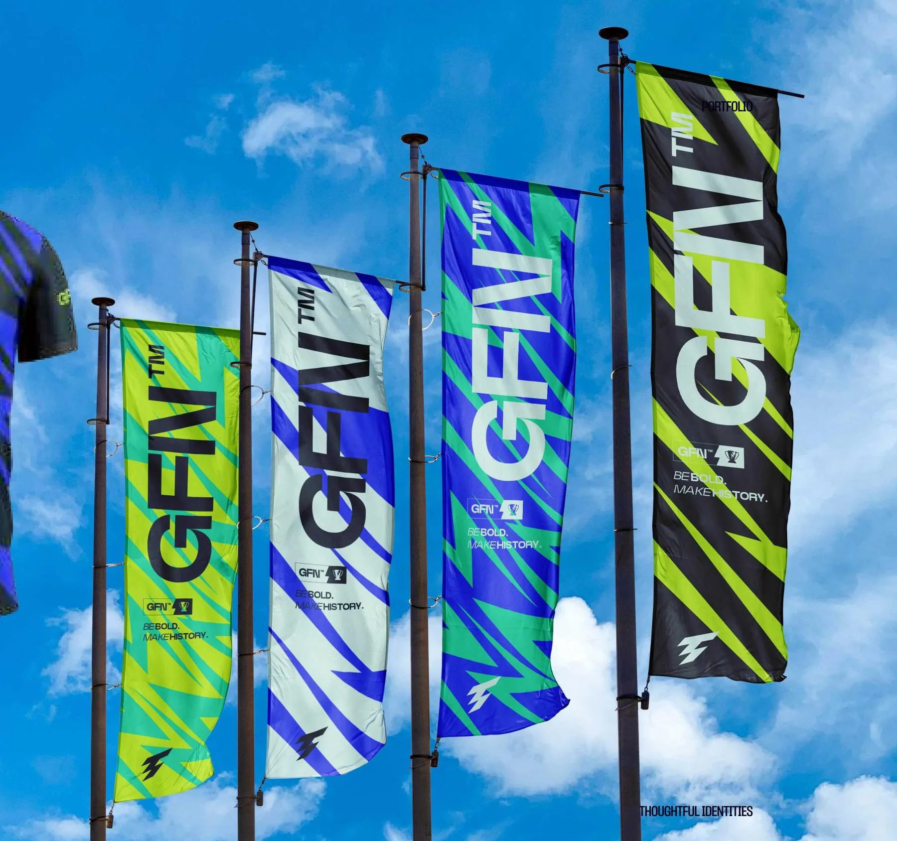 Golden Football flags against the sky