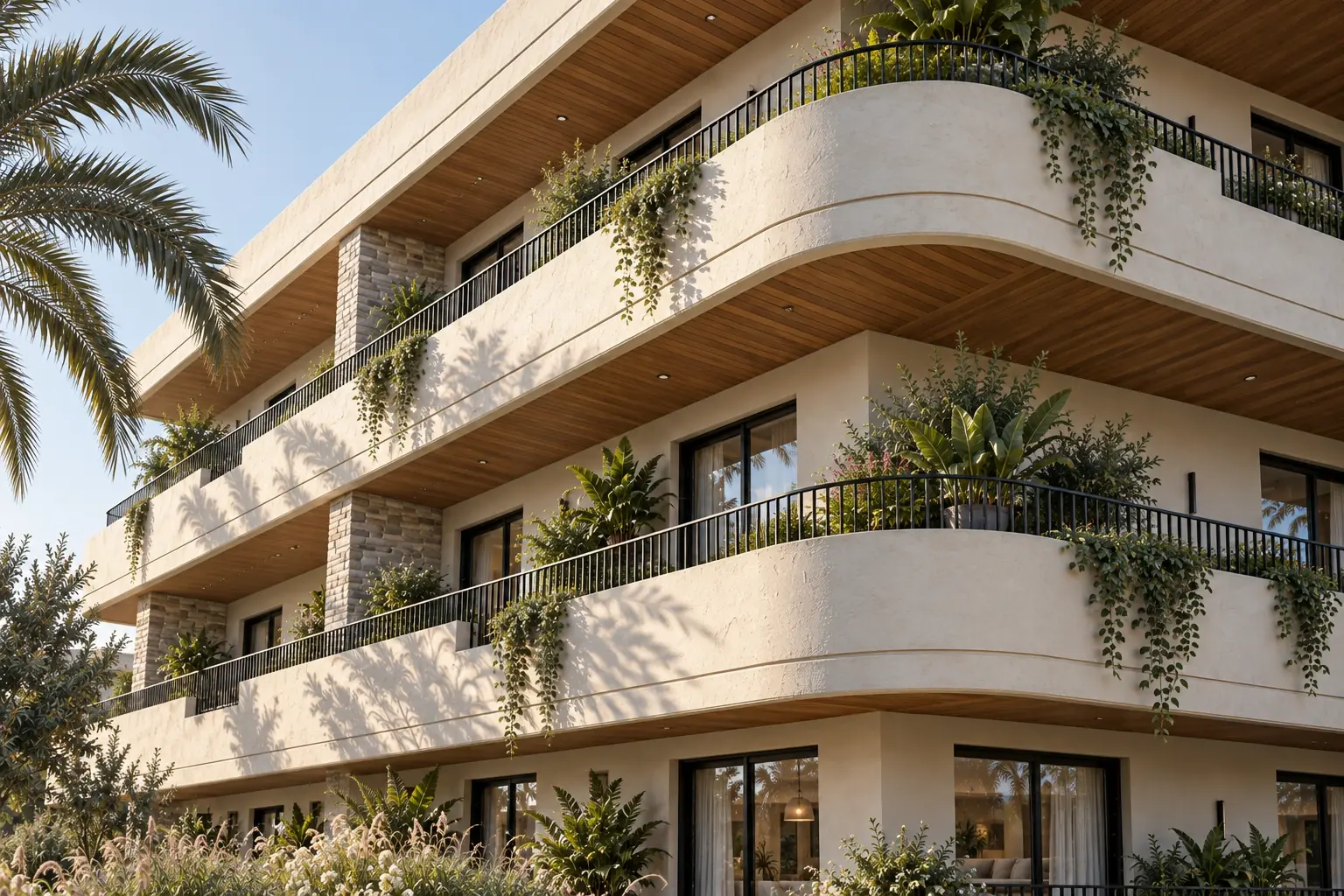 Concept Florida généré : vue rapprochée des balcons courbes, du stuc crème, des piliers en pierre et des sous-faces en bois