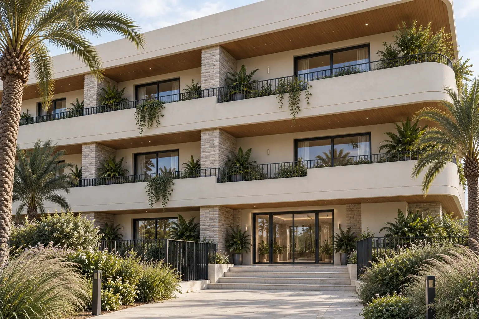 Concept architectural généré de Florida : balcons courbes crème, sous-faces en bois et entrée paysagée