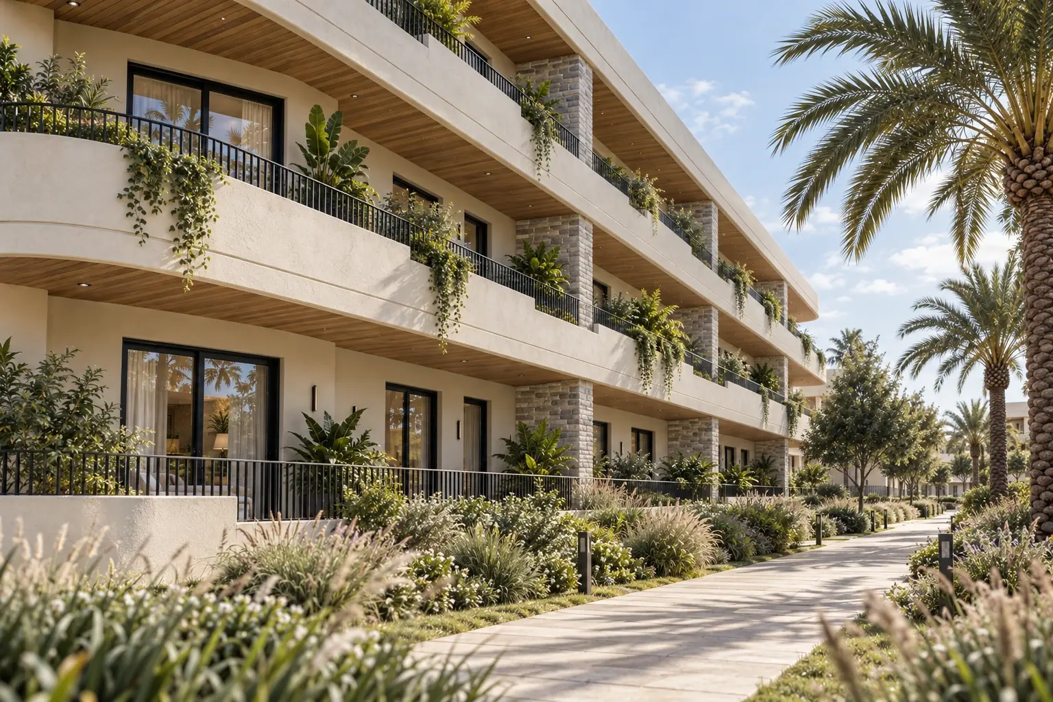 Concept Florida généré : promenade paysagée le long de la façade résidentielle