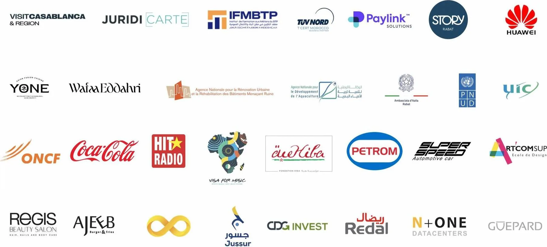 Wall of client logos, including Coca-Cola, UNDP, Huawei, Toyota, Volvo, OCP, UM6P and JKR