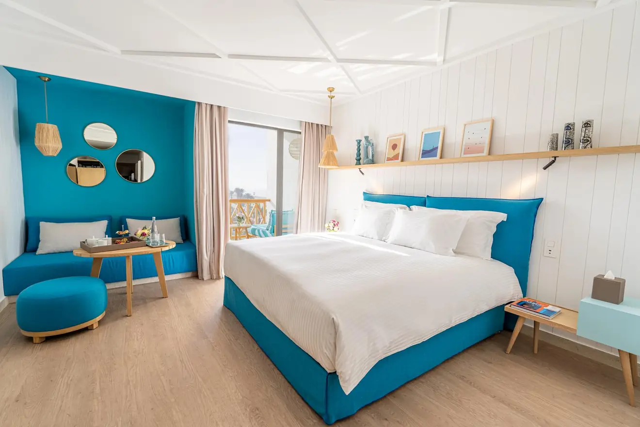 Deluxe room with blue headboard at The View, Agadir